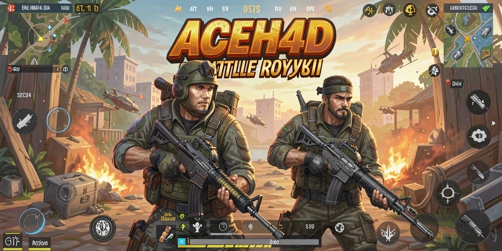 Tangkapan layar utama menunjukkan aksi seru dalam permainan Battle Royale.