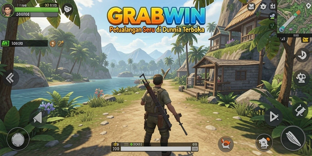 Tangkapan layar gameplay GRABWIN yang menampilkan petualangan di dunia luas.