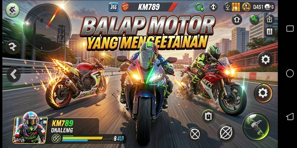 Tampilan gameplay KM789 yang mendebarkan saat balap motor.