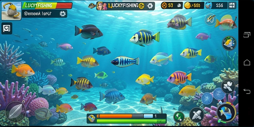 Screenshot dari gameplay LUCKYFISHING yang menampilkan aksi menangkap ikan.