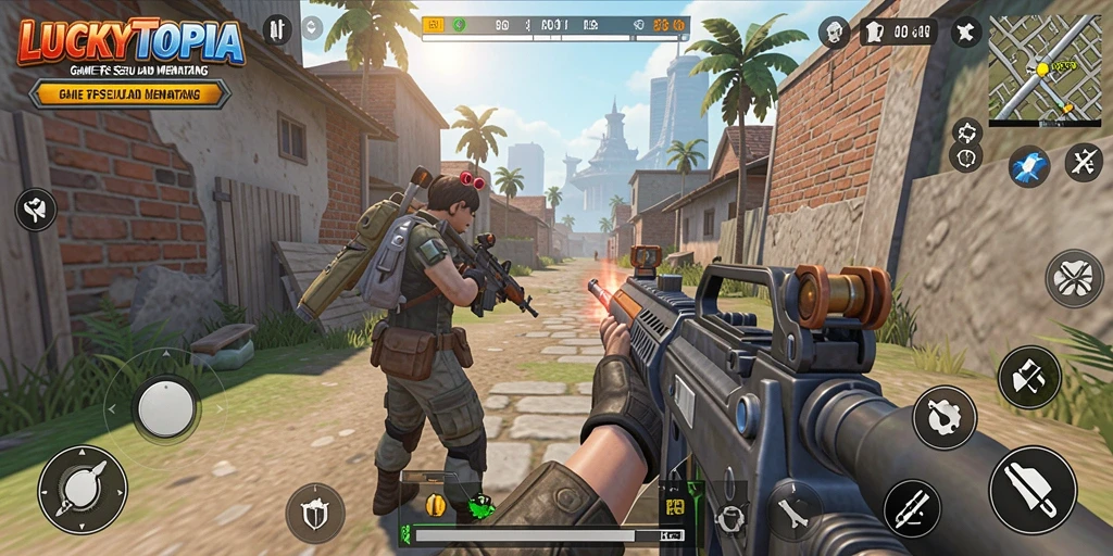Tangkapan layar LUCKYTOPIA menampilkan aksi seru dalam pertempuran TPS.