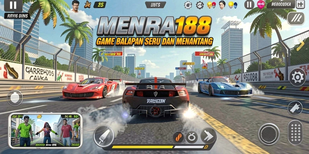 Tampilan gameplay seru dalam MENARA188 dengan mobil balap cepat.