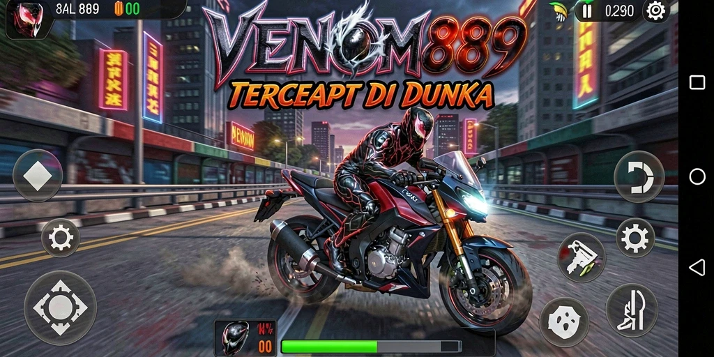 Tampilan gameplay VENOM889 dengan aksi balapan motor yang cepat.