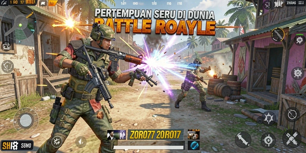 Gameplay ZORO77 menampilkan pertempuran intens di arena Battle Royale.